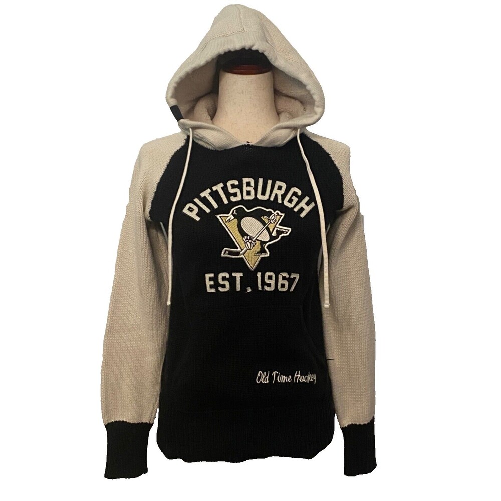 NHL PITTSBURG PENGUINS Womens S Hoodie Cotton Knit Sweater Old Time Hockey BLACK